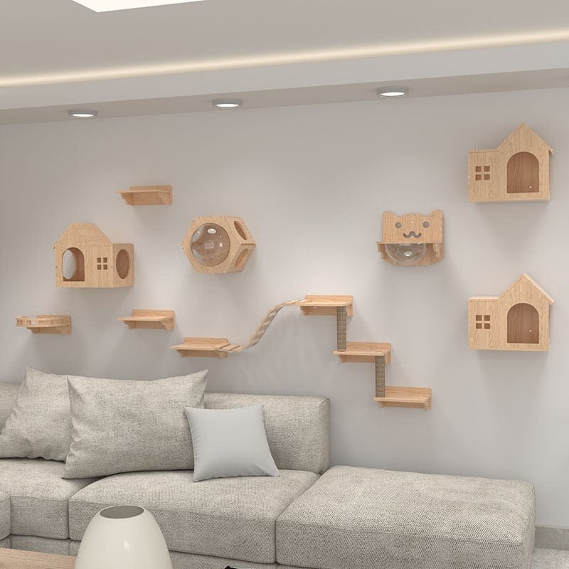Arbre à chat mural en bois massif - 15 modules disponibles