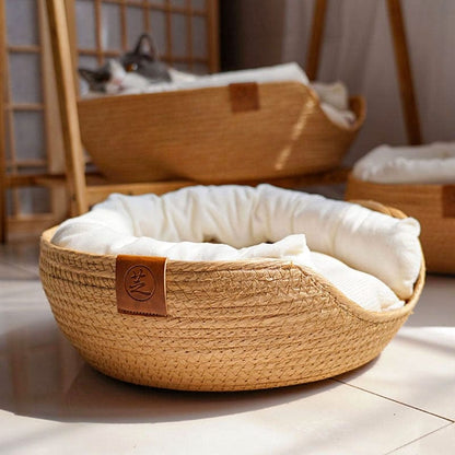 Woven natural bamboo bed for cat - blue cushion and pillow